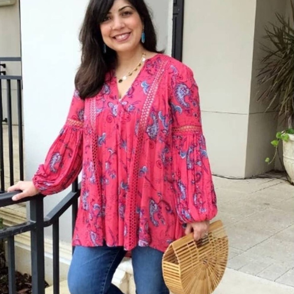 Free People Just the Two of Us Tunic Womens Small Pink Paisley Oversized Top - Picture 10 of 10